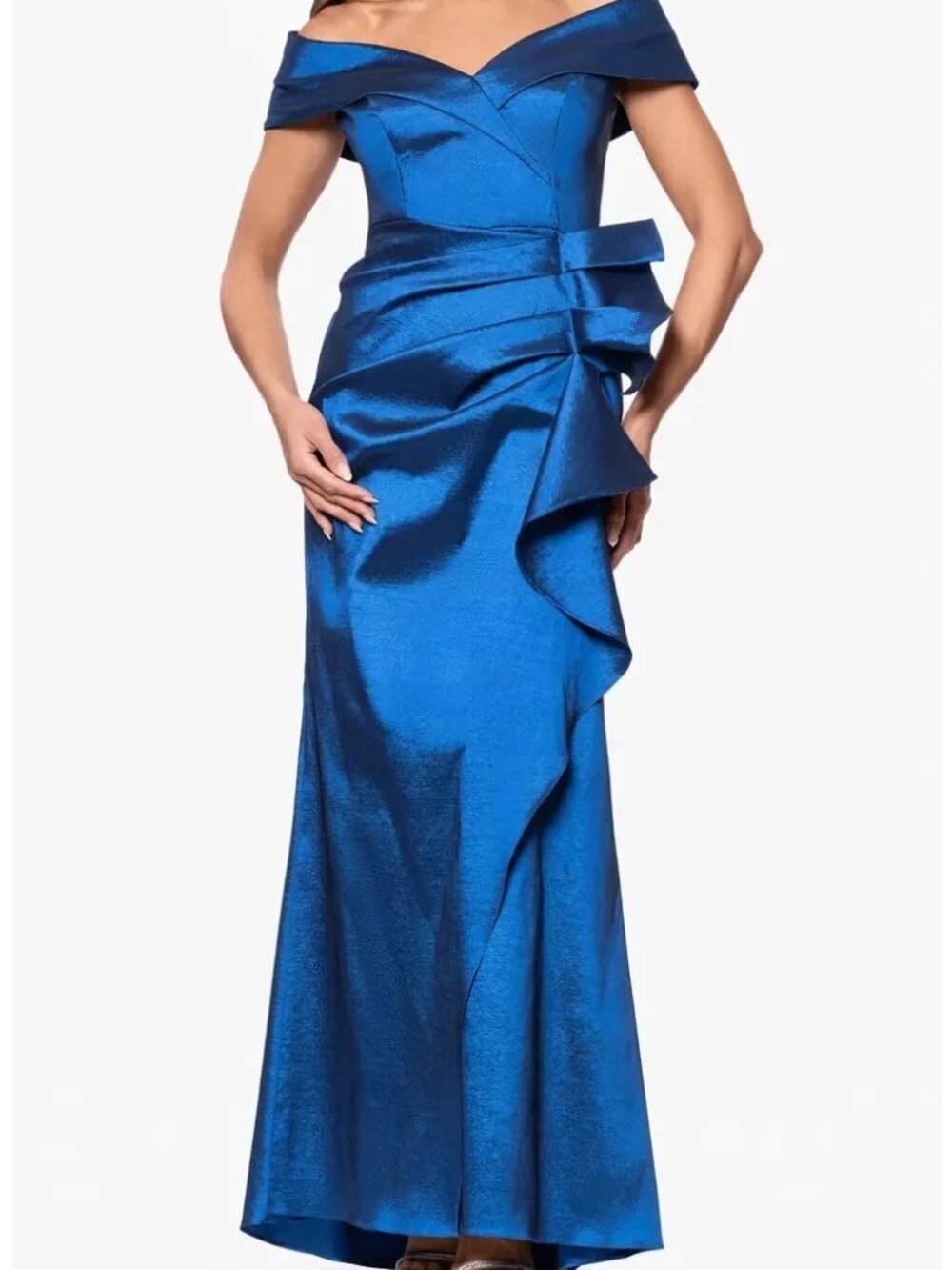 Xscape Sapphire Blue Off the Shoulder Taffeta Gown